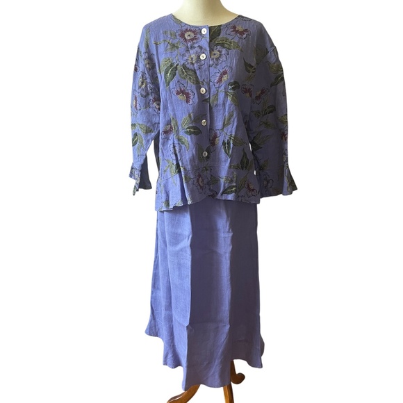 HABITAT 100% LINEN SKIRT TOP SET S/M FLORAL LAGENLOOK BREATHABLE BOHEMIAN PURPLE - Picture 1 of 10